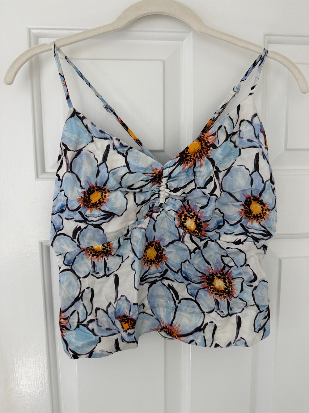 Aureta- Floral Ruched V-Neck Cami Top - White & Light Blue